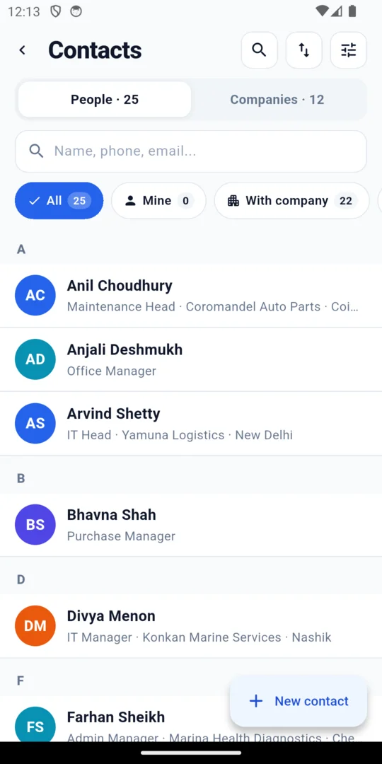 The contacts list grouped by letter, with people and companies