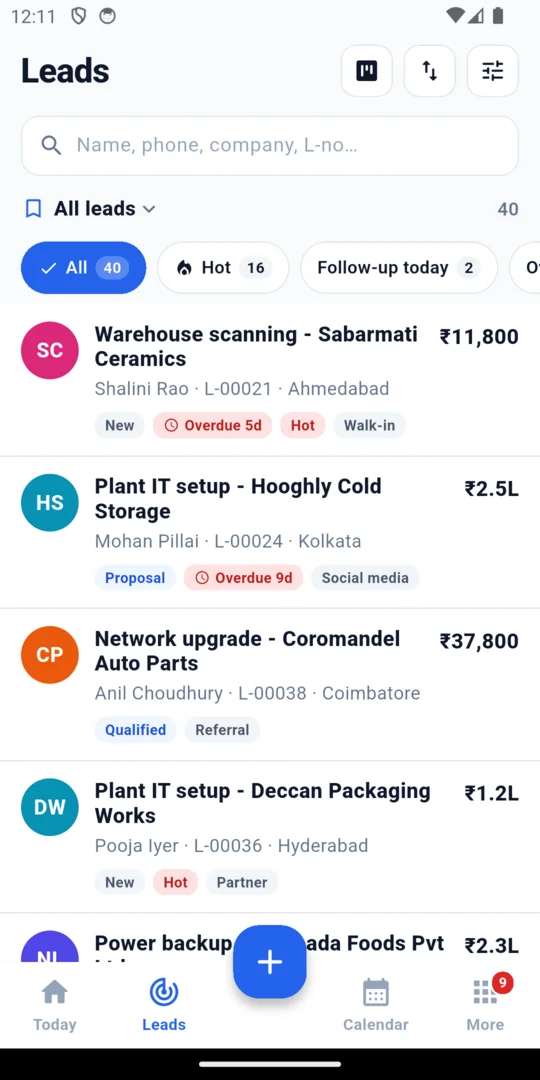 The leads list with a search box, filter buttons and lead cards