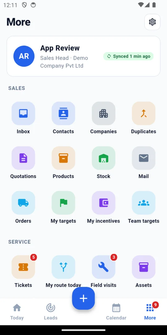 The mobile app menu with sales and service screens