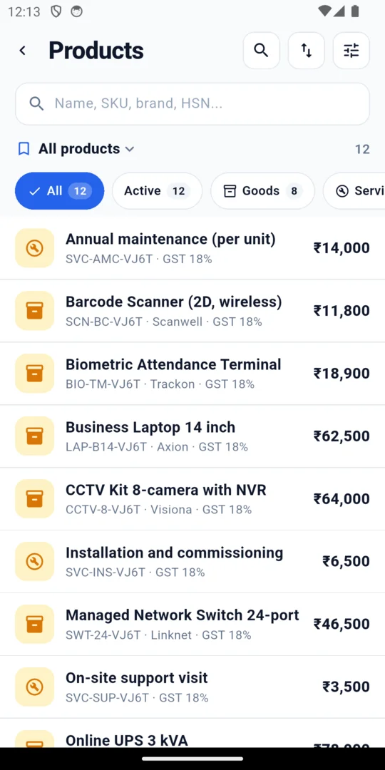 The product list with item codes, tax rates and amounts