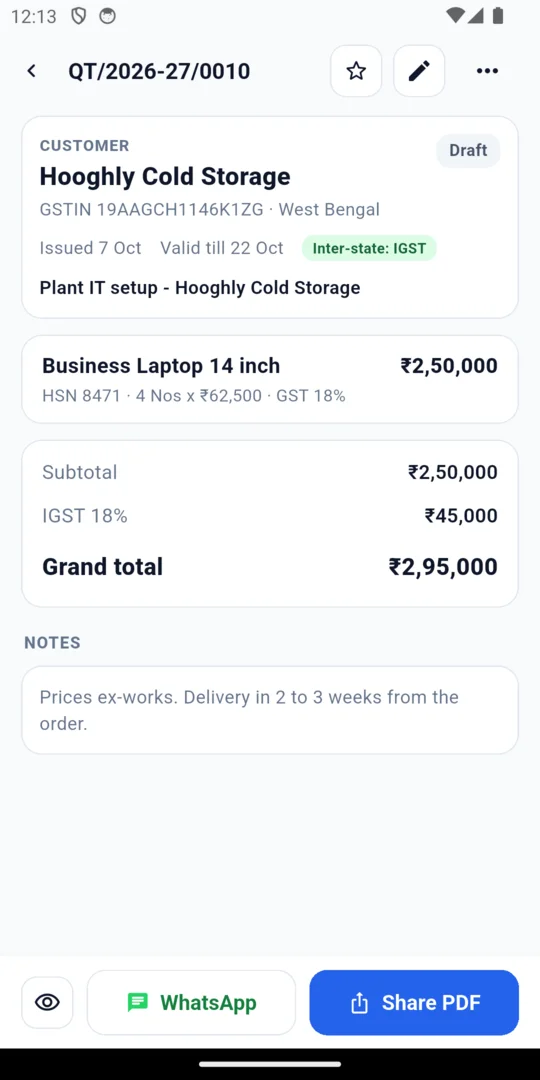 One quotation with the customer's GSTIN, tax, total and buttons to share on WhatsApp or as a PDF