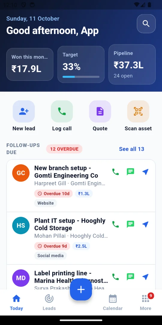 The mobile app home screen with this month's sales, target progress and overdue follow-ups