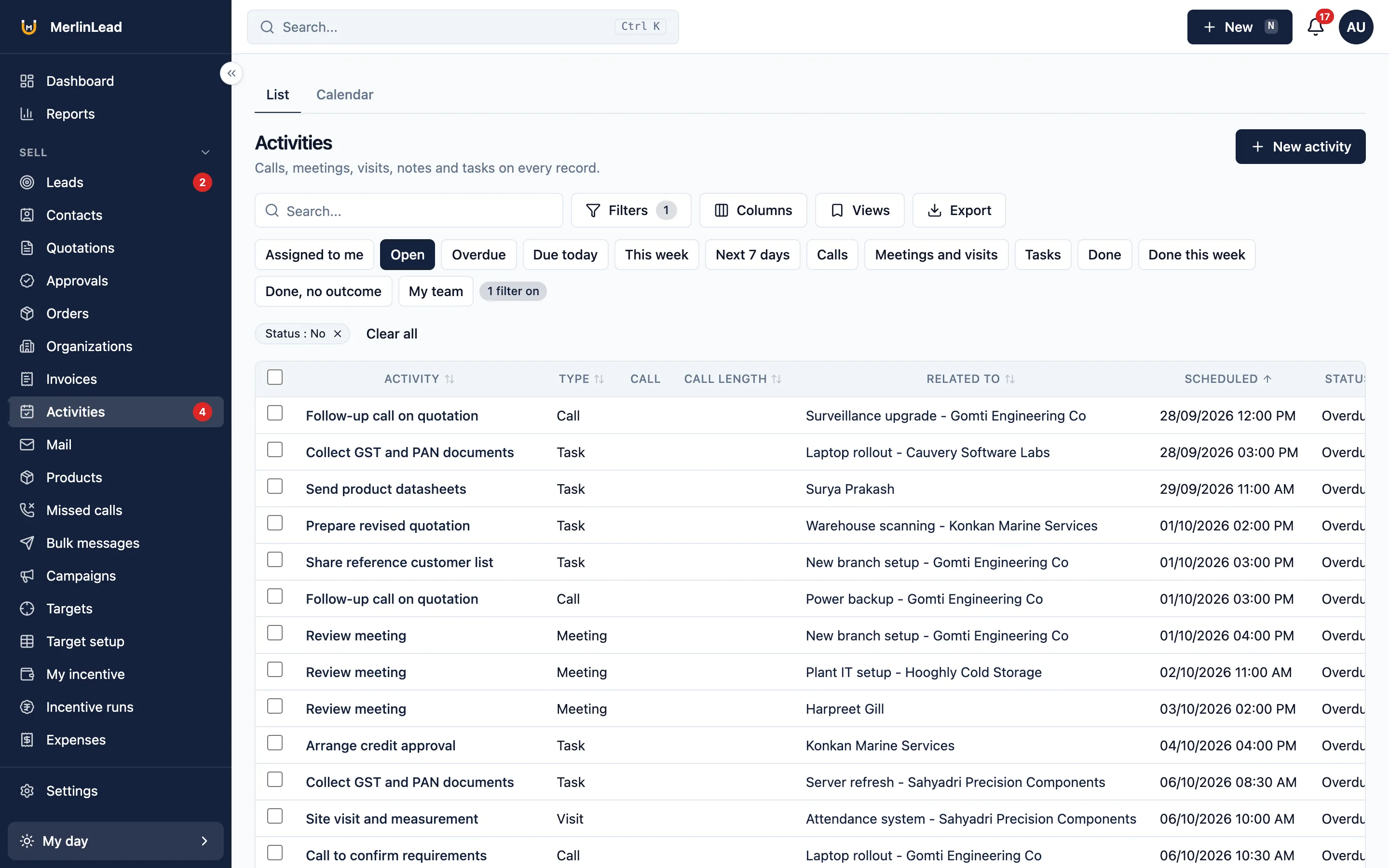 Activities list with calls, meetings and follow-ups