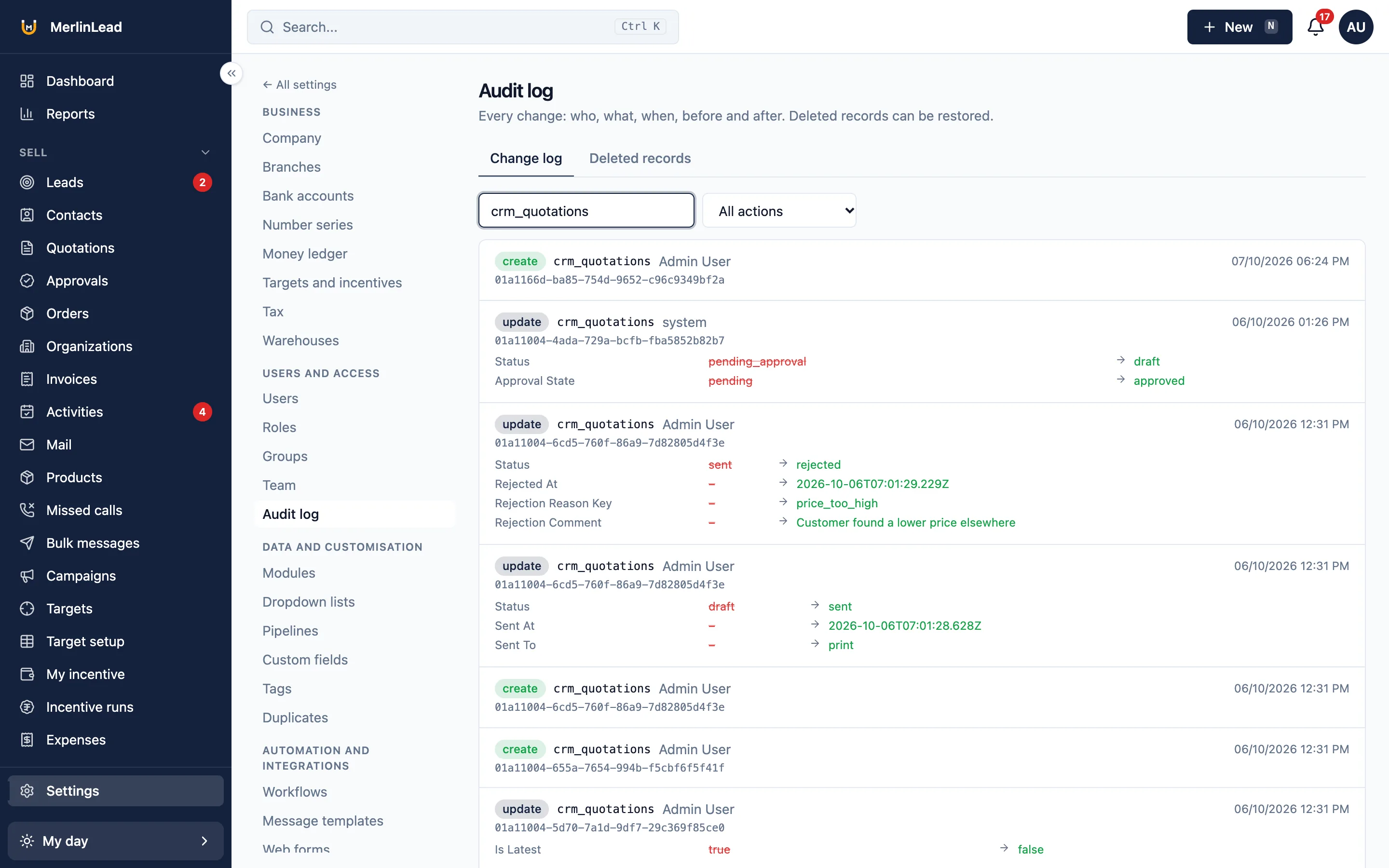 The change history, showing who changed a quotation and the values before and after