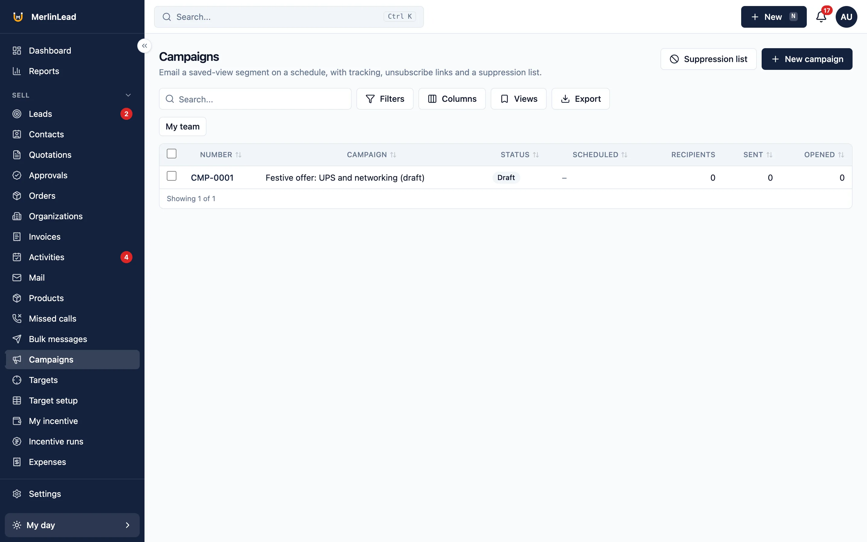 The email campaigns list with a draft campaign