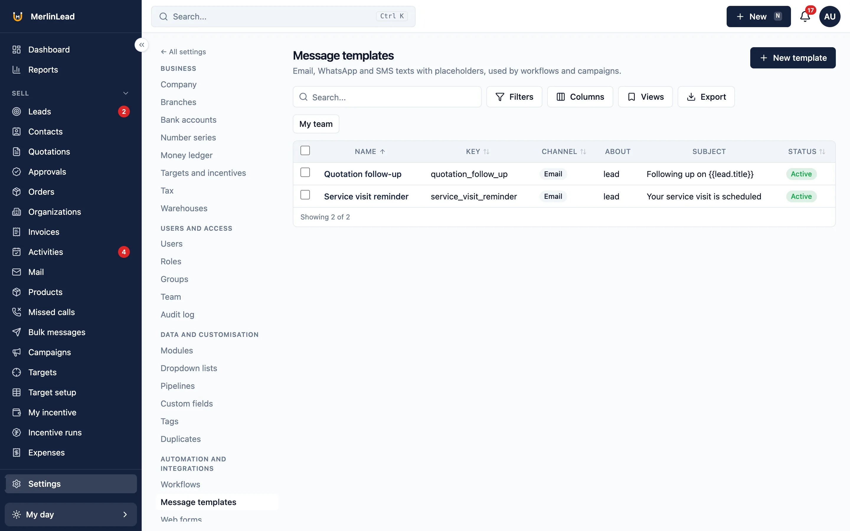 The message templates list with email templates