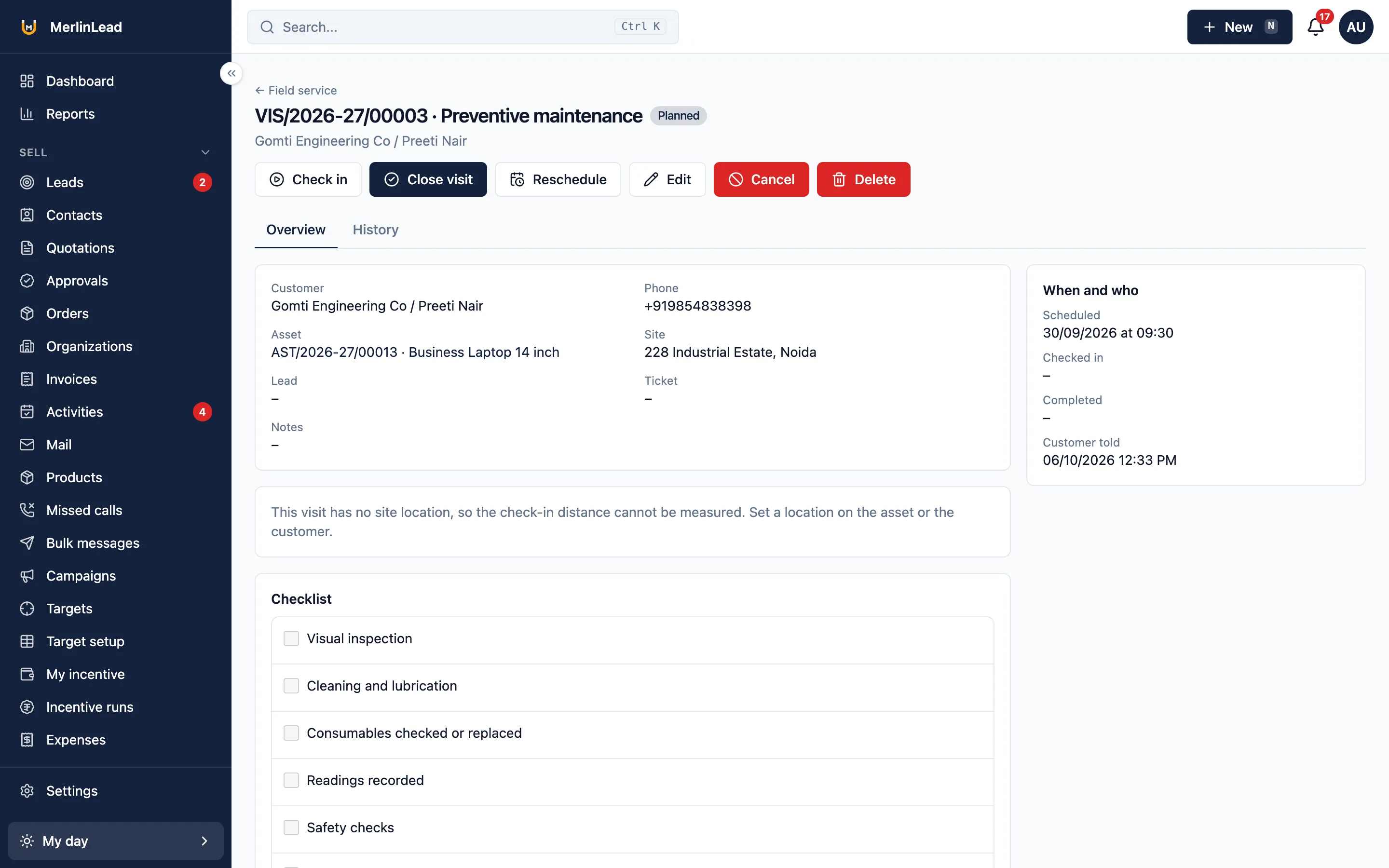 A planned service visit with check-in, customer, item, site and checklist