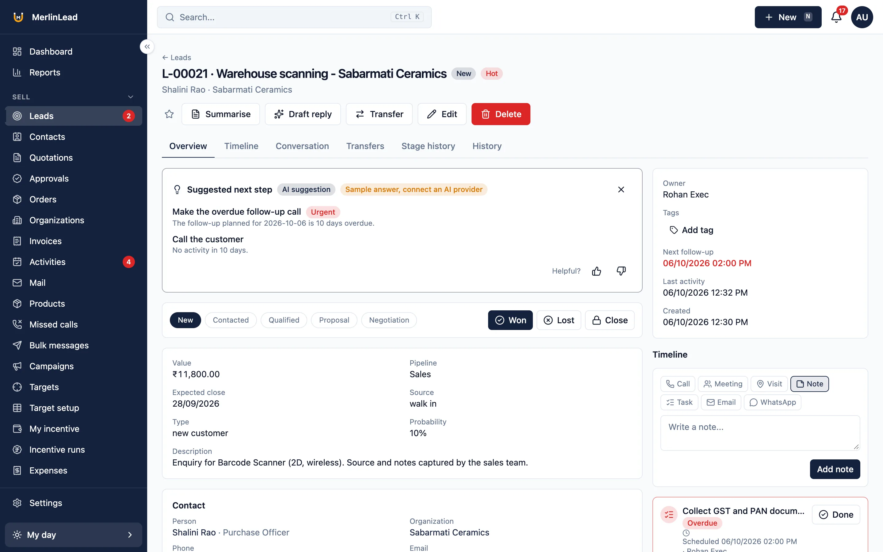 A lead record with its value, pipeline, contact, owner and timeline
