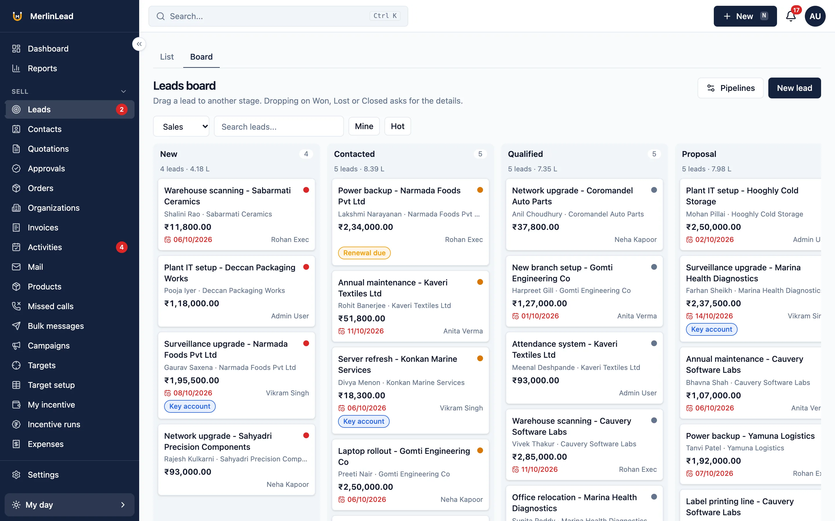 The leads board, with enquiries in columns for each stage of the sales pipeline
