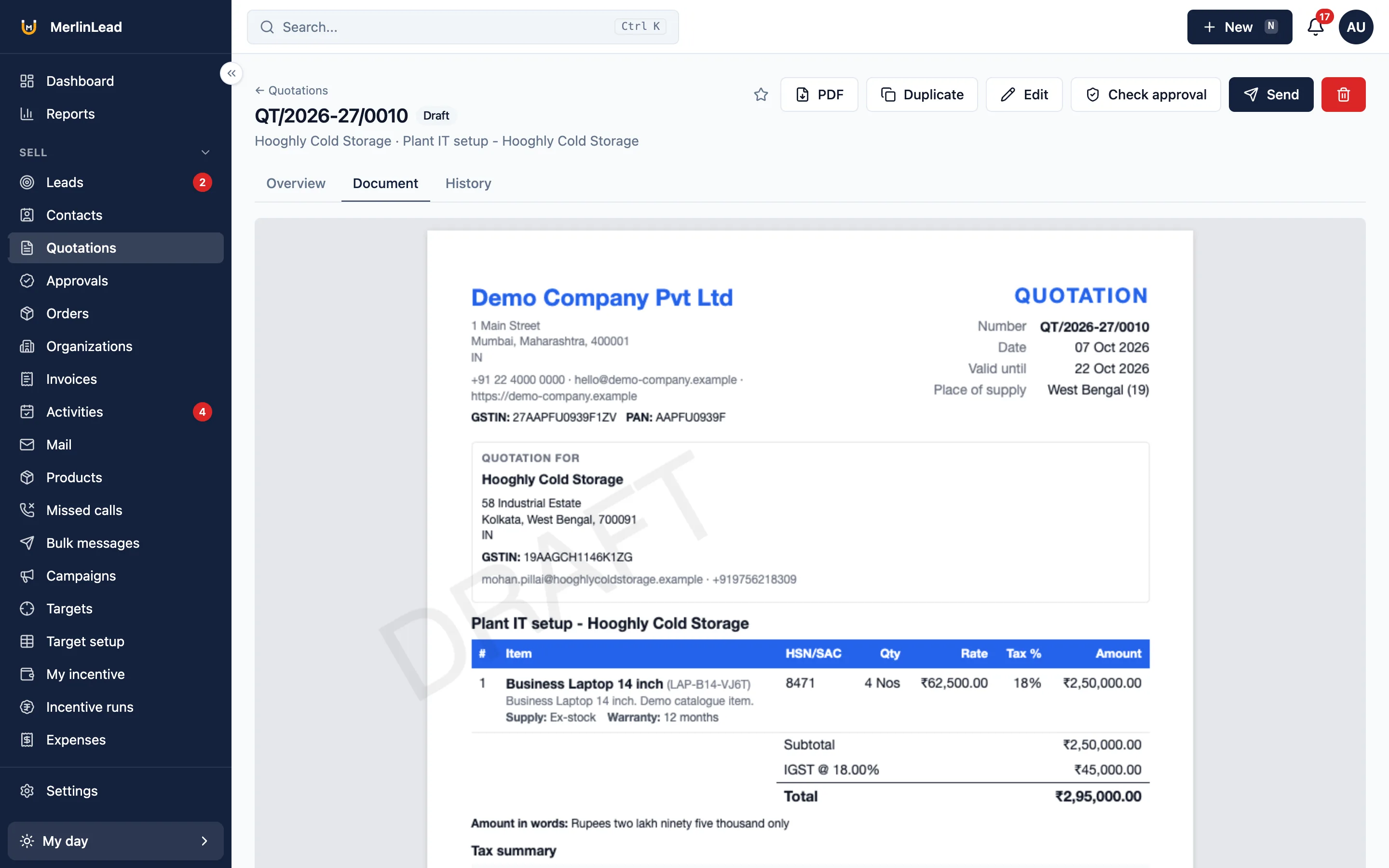 A printed quotation with company details, customer GSTIN, HSN code and the amount in words