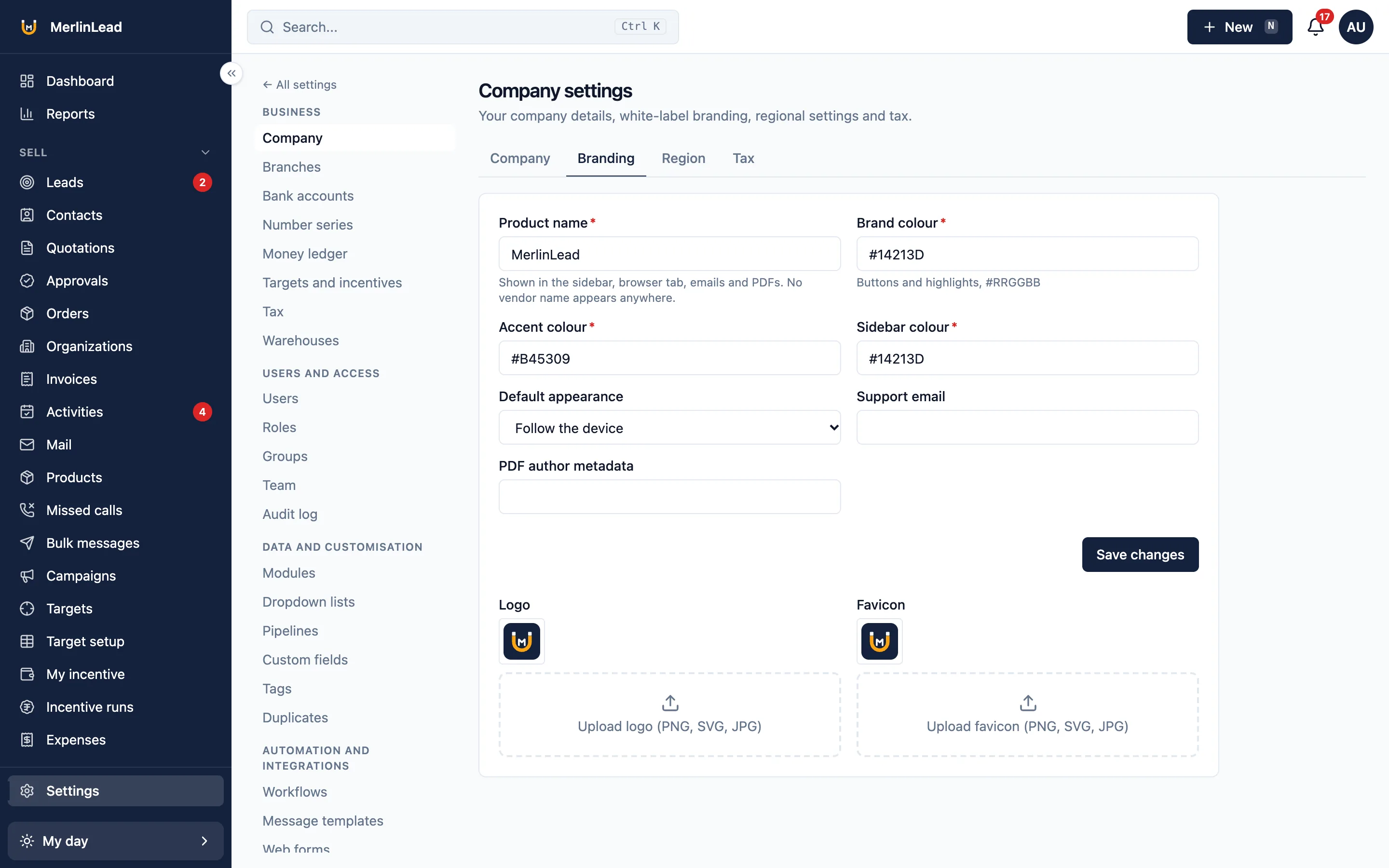 Branding settings, where a company sets its own product name, colours, logo and browser icon