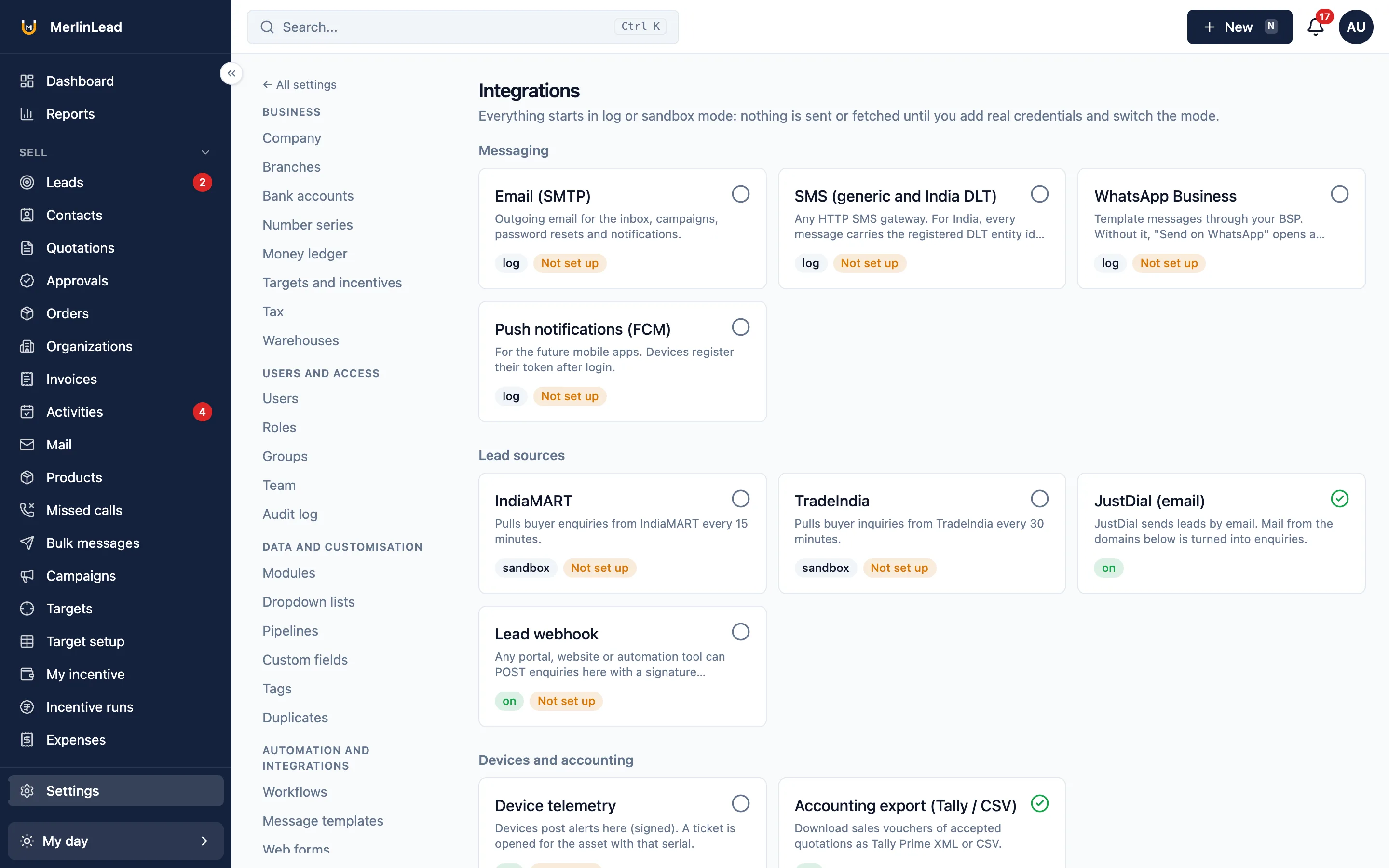 Integrations settings listing email, SMS, WhatsApp, app notifications and lead websites