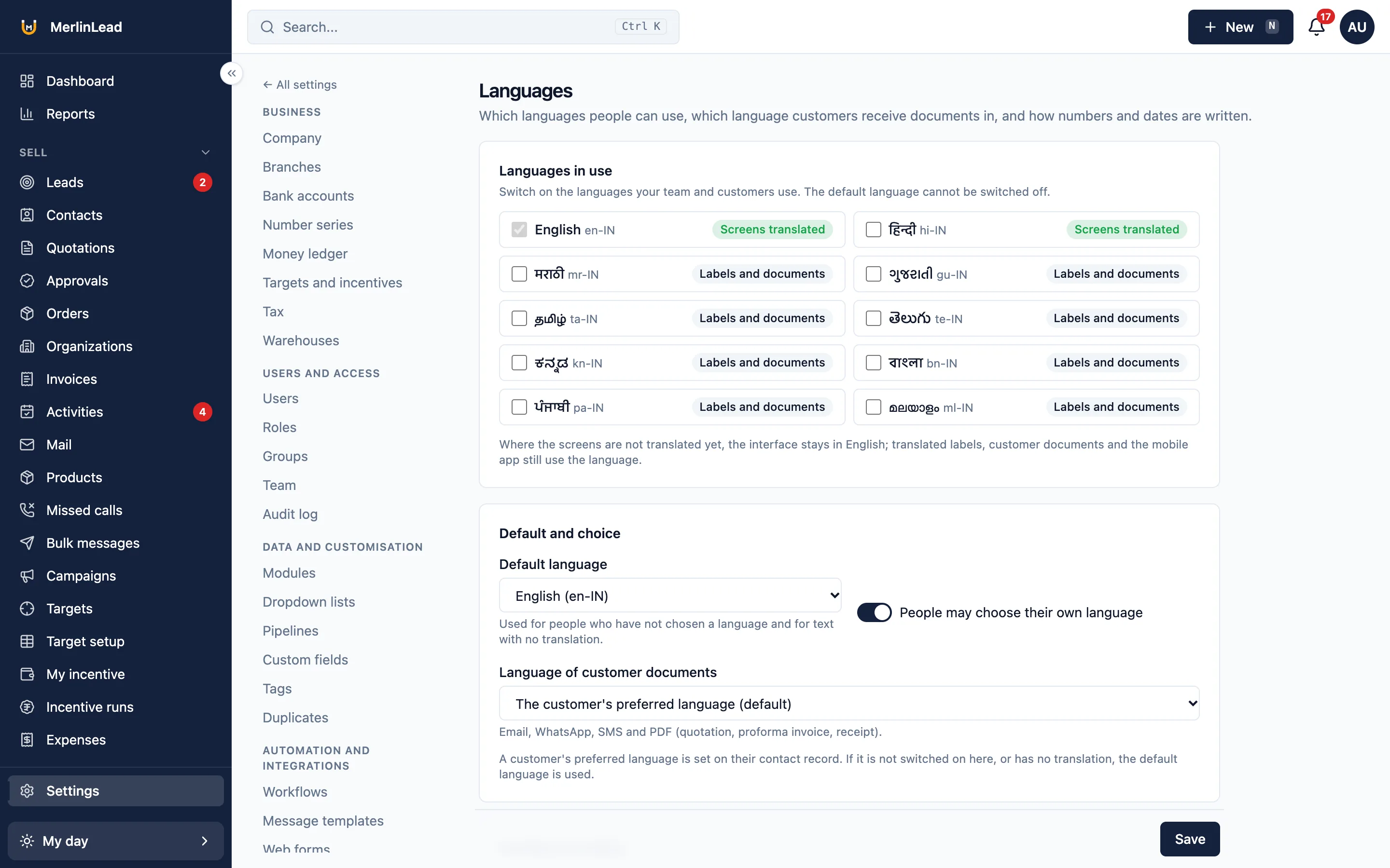 Language settings with English and Hindi