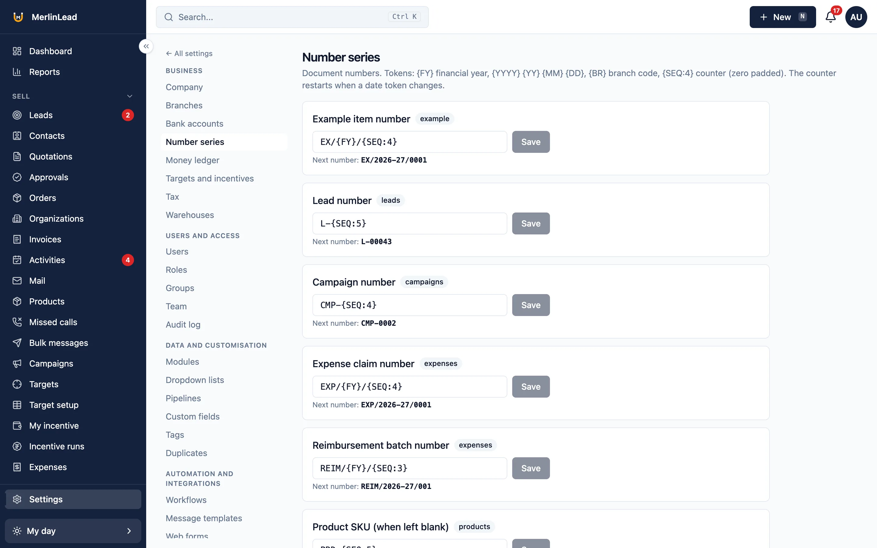 Number settings showing prefixes and the financial year