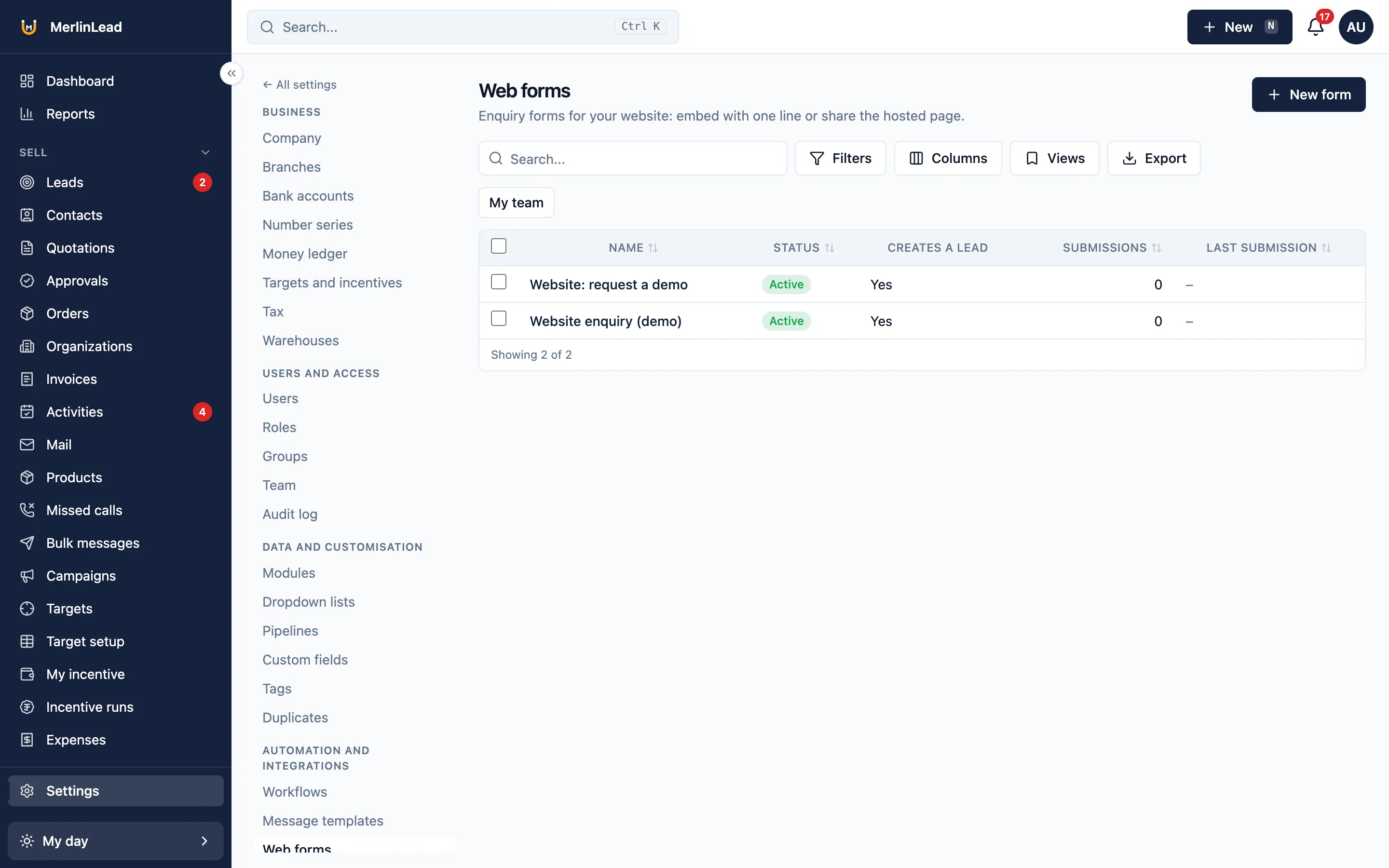 The website enquiry forms screen, with a form that creates a lead