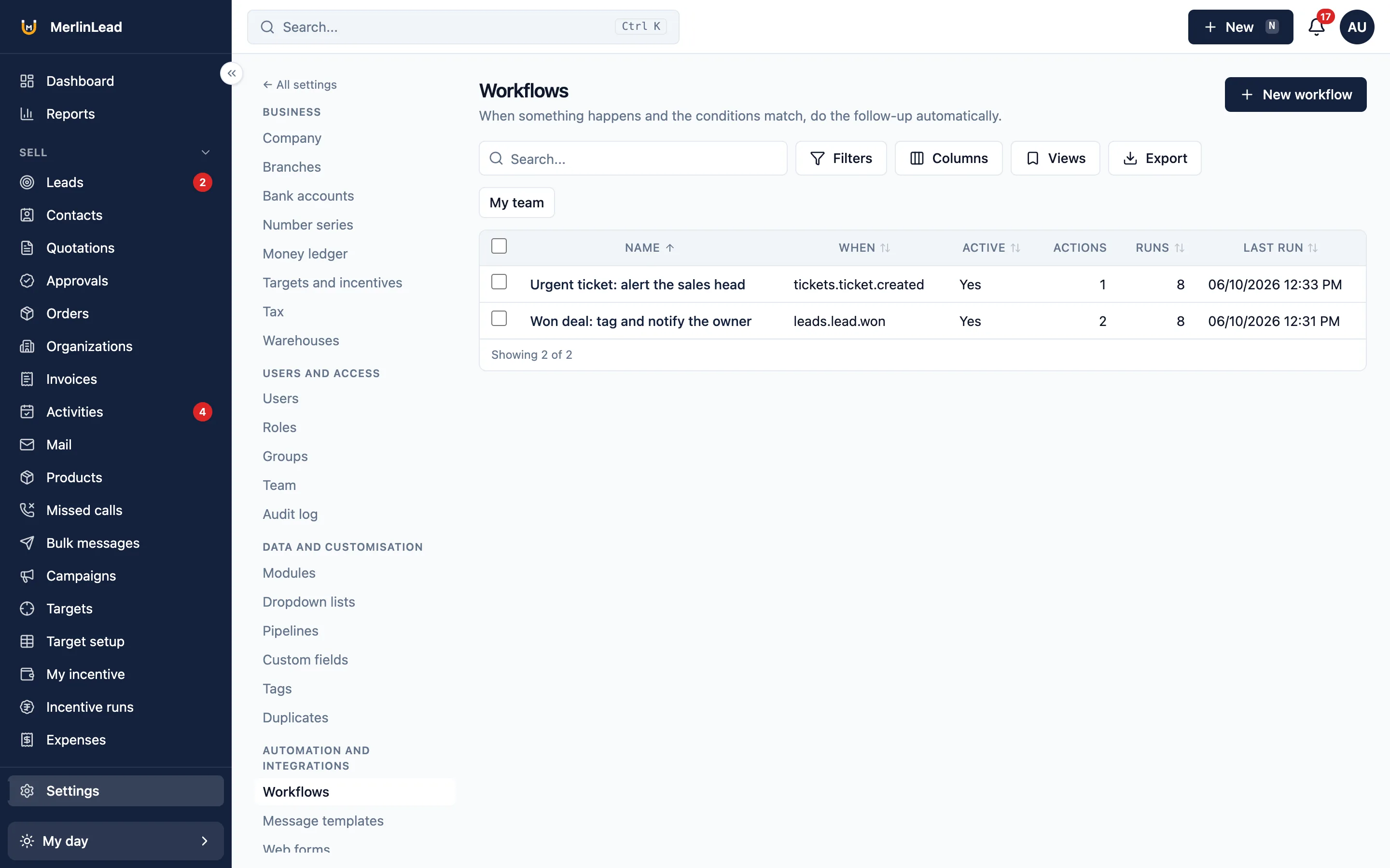 The list of automatic rules, each with what starts it and what it does